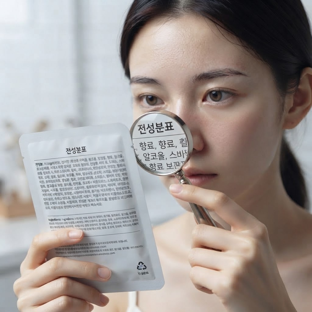 민감성 피부 사용자가 랩핑 마스크팩 뒷면의 전성분표를 돋보기로 확인하는 모습