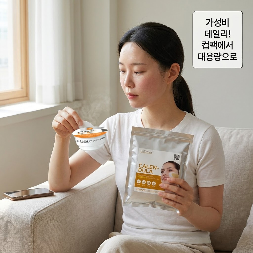 가성비 끝판왕! 매일매일 매끄러운 피부 결 유지하기 자연광이 들어오는 편안한 일상의 화장대 위. "두 개의 사람 손"이 가성비 좋은 대용량 모델링 파우더 팩의 지퍼를 열고 스패출러로 넉넉하게 가루를 덜어내며 주 2~3회 실천하는 데일리 홈케어를 능숙하게 준비하고 있습니다. 손 아래에는 파우더와 물을 배합하기 위해 미리 준비해 둔 맑은 투명 유리 소재의 "계량컵 없는 믹싱 볼"이 안정감 있게 자리 잡고 있어, 비용 부담 없이 피부 결을 매끄럽게 관리하는 실속 있는 스킨케어 상황을 보여줍니다.