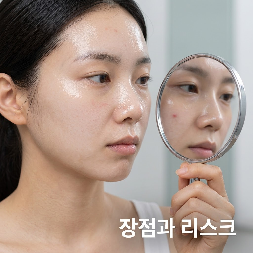 랩핑팩 올리기 전, 오늘의 피부 컨디션 체크는 필수 따뜻한 자연광이 들어오는 파우더룸을 배경으로, 테이블 우측에는 투명 유리 소재의 계량컵 없는 믹싱 볼에 랩핑 마스크팩이 담겨 도포 대기 중인 상태로 놓여 있다. 화면 중앙에서는 두 개의 사람 손이 얼굴의 양 볼과 턱선을 부드럽게 감싸 쥐고, 오늘 피부 장벽이 무너지거나 예민해진 곳은 없는지 직접 컨디션을 꼼꼼하게 진단하고 어루만지는 모습이다.