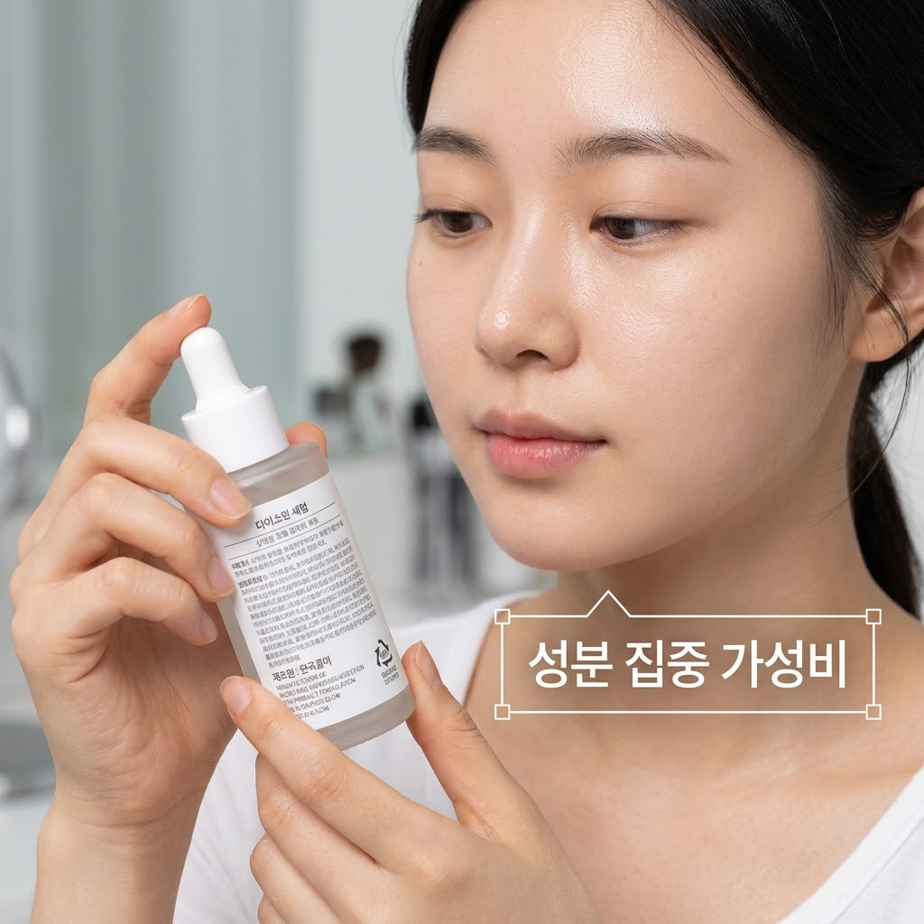 화장대 위. 두 개의 사람 손 중 한 손은 화려한 장식이 배제된 다이소 화장품의 심플한 패키지를 들고 있고, 다른 한 손은 패키지에서 덜어낸 쫀쫀한 제형을 손끝으로 만지며 탄탄한 사용감을 확인하고 있다. 그 옆에는 군더더기 없이 깔끔한 계량컵 없는 투명 유리 믹싱 볼이 놓여 있어 제품력에 집중했다는 메시지를 더한다.