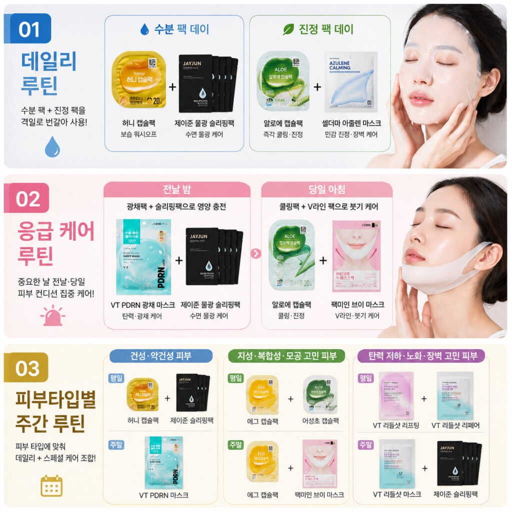 다이소 마스크팩 추천 제품으로 데일리 루틴, 응급 케어 루틴, 피부 타입별 주간 루틴을 한눈에 정리한 인포그래픽 이미지