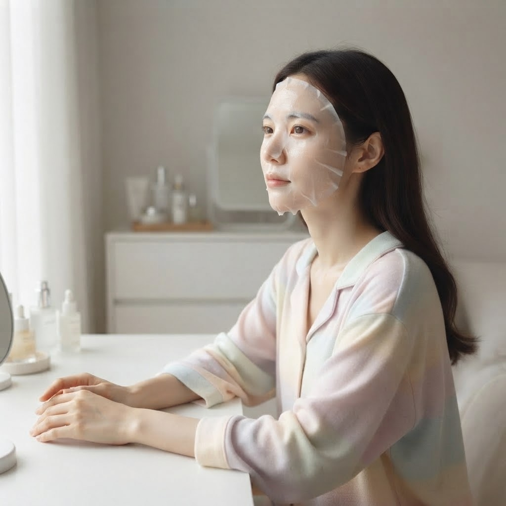 편안한 차림의 여성이 집에서 수분 마스크팩으로 피부를 관리하는 모습