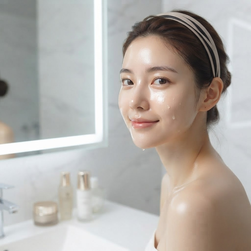 중요한 약속 전 앰플 마스크팩으로 수분 관리를 마친 뒤 매끄러운 피부결을 확인하는 모습