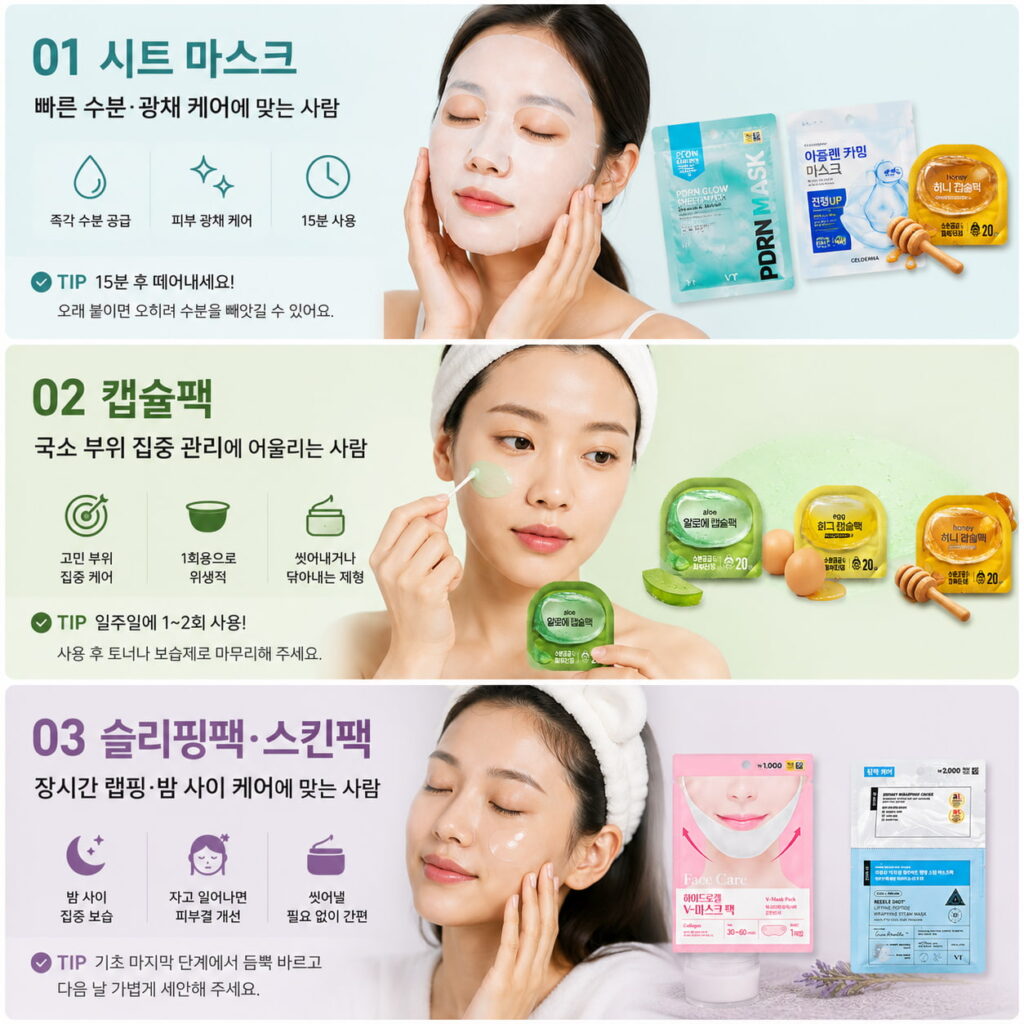 다이소 마스크팩 추천 타입별 비교 시트 마스크, 캡슐팩, 슬리핑팩, 스킨팩 특징 정리