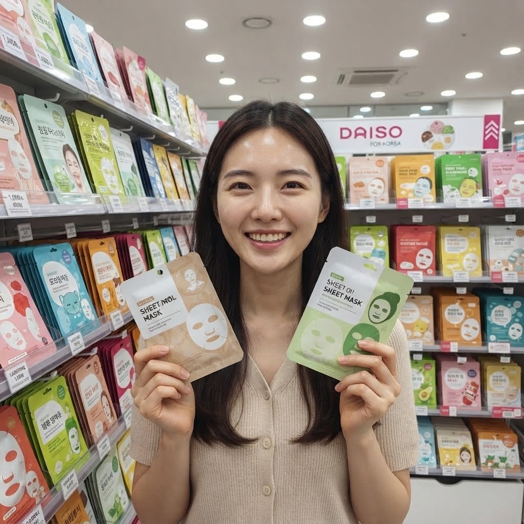 예산이 한정된 사용자가 다이소의 다양한 시트 마스크팩 진열대에서 제품을 살펴보는 모습