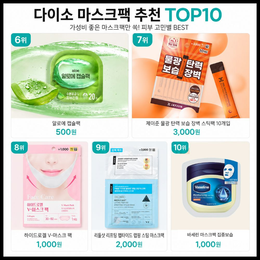 다이소 마스크팩 추천 TOP10 6위부터 10위까지 가성비 마스크팩 순위 및 가격 비교