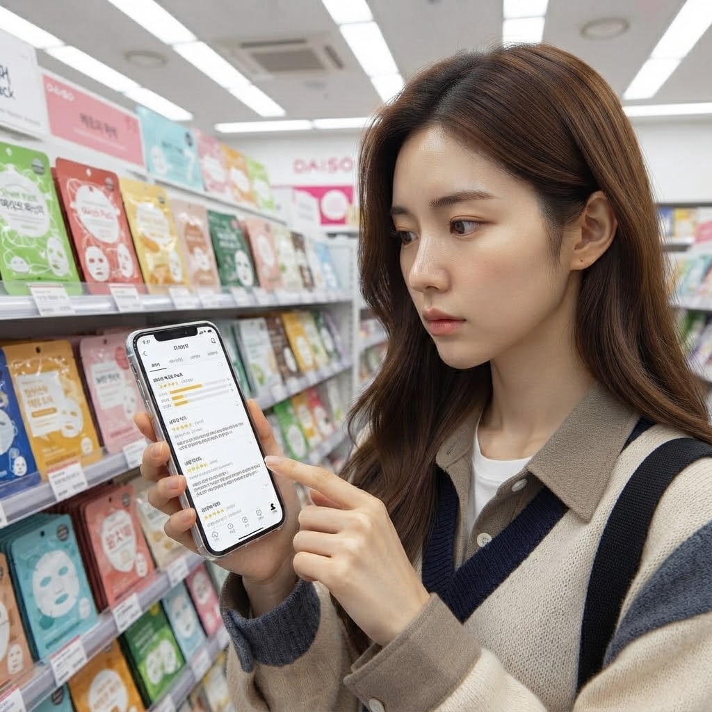 화장품 매장에서 스마트폰으로 다이소 마스크팩 후기를 확인하며 자신의 피부 타입과 비교하는 모습