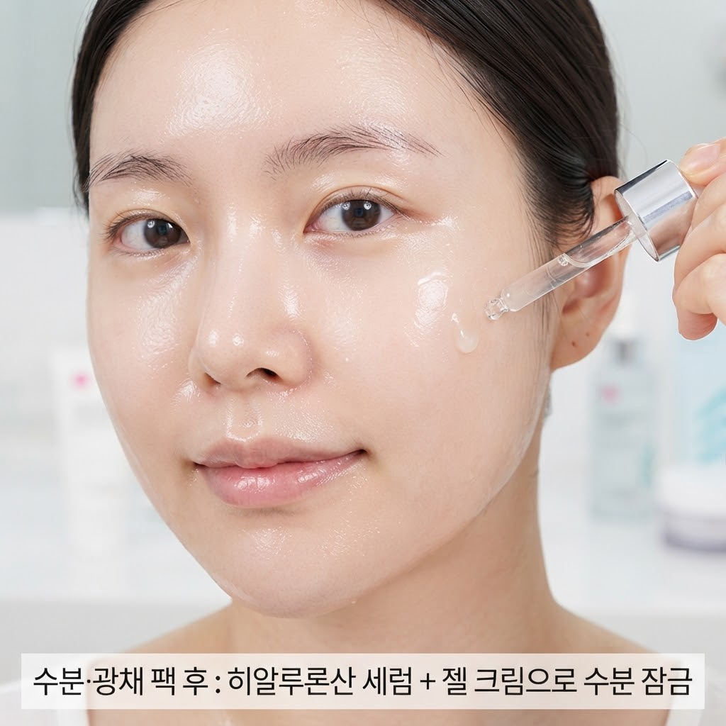 다이소 수분 마스크팩 사용 후 촉촉해진 피부에 히알루론산 세럼과 젤 크림을 덧바르는 모습