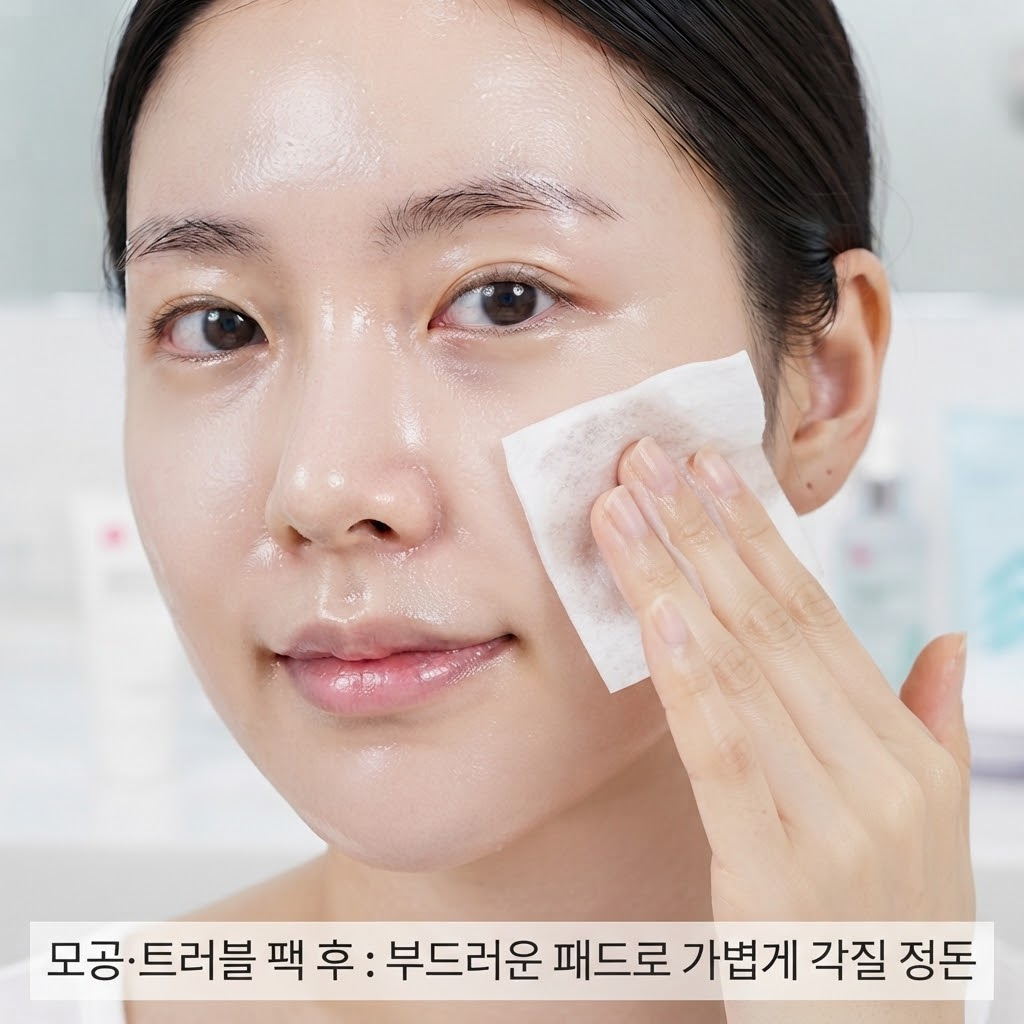 다이소 모공 마스크팩 사용 후 불어난 각질을 부드러운 패드로 닦아내는 모습