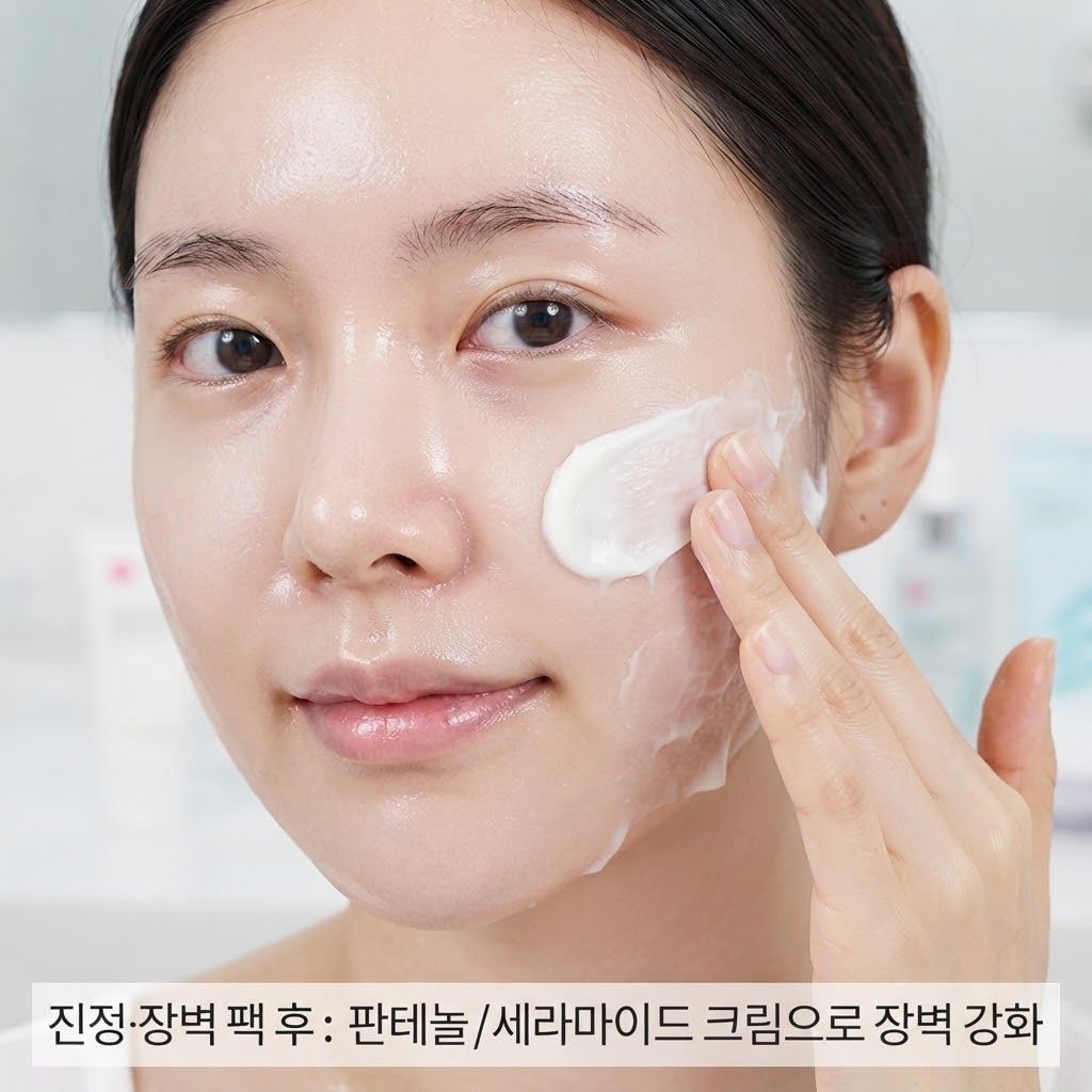 다이소 진정 마스크팩 제거 후 붉어진 피부에 판테놀 또는 세라마이드 성분의 순한 크림을 도포하는 모습
