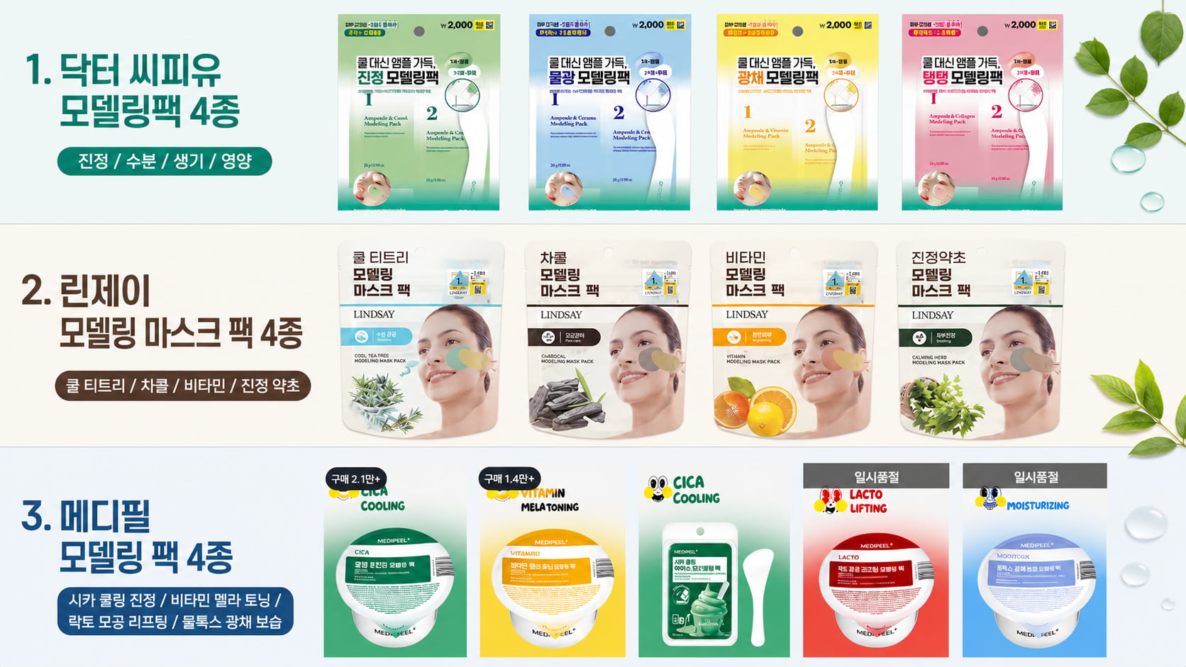 다이소 모델링팩 추천 TOP3 제품 비교 이미지. 닥터 씨피유, 린제이, 메디필 모델링팩의 종류와 특징을 한눈에 확인할 수 있는 인트로 이미지.