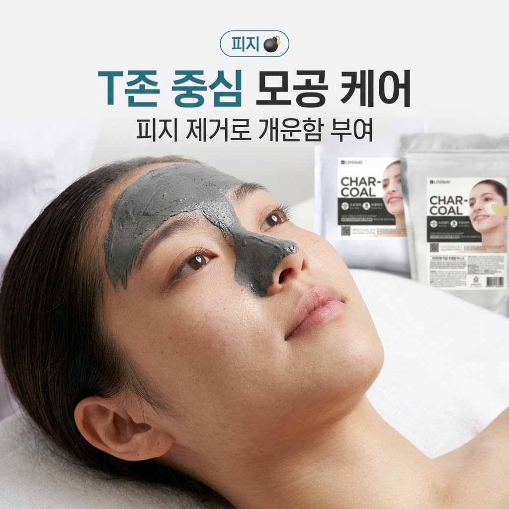 다이소 모델링팩 추천 제품 중 모공과 피지 케어를 위해 T존 중심으로 강력한 흡착 개운함을 제공하는 린제이 차콜 모델링팩 인포그래픽. 한국 여성이 T존에 숯 팩을 도포한 모습.
