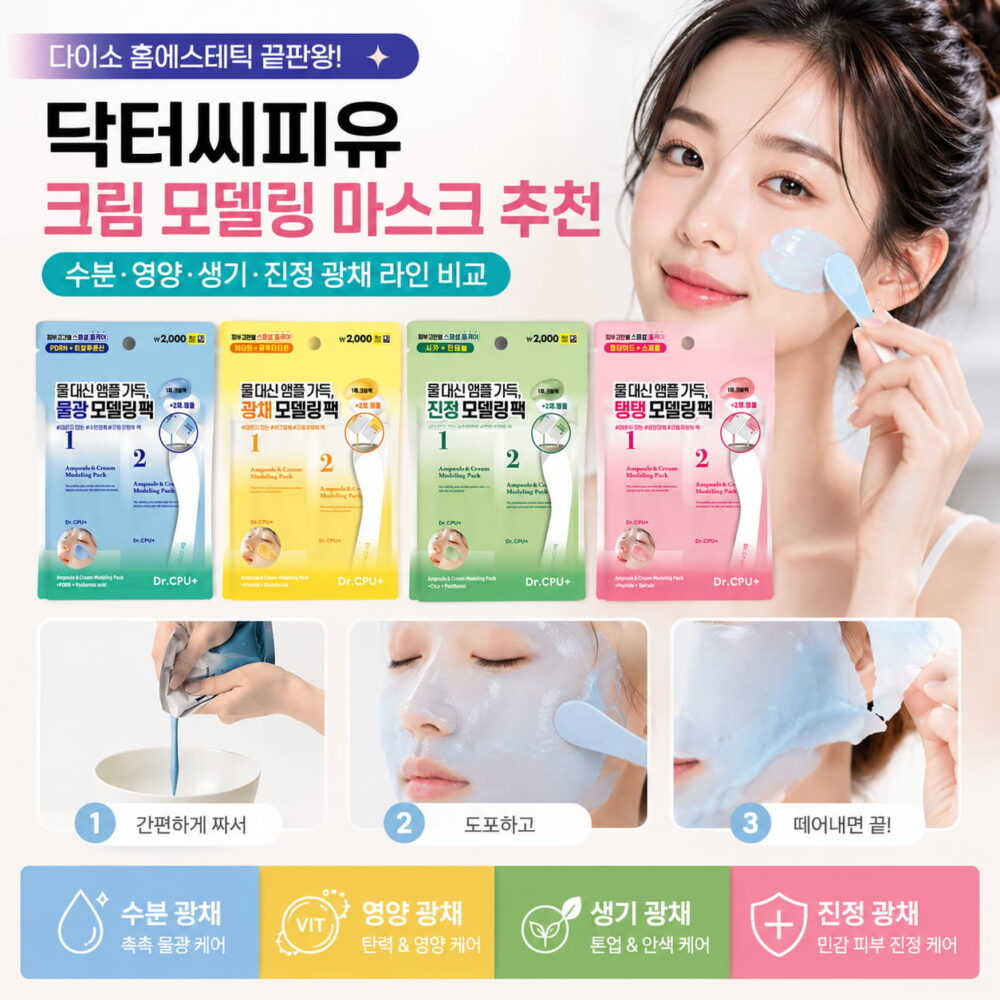 다이소 모델링팩 추천 제품인 닥터씨피유 크림 모델링 마스크 4종을 비교한 이미지로 수분, 영양, 생기, 진정 광채 라인과 간편한 사용법을 소개한다.