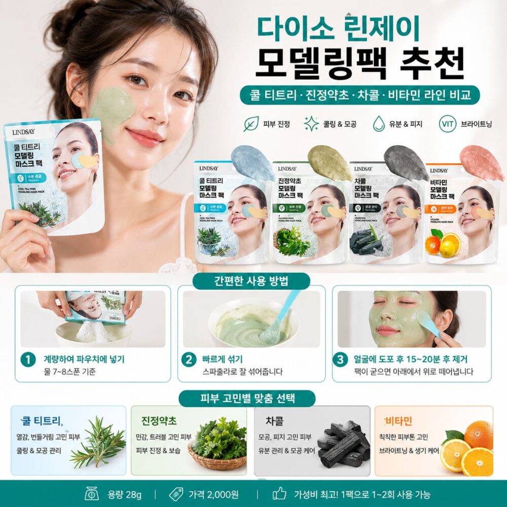 다이소 모델링팩 추천 제품인 린제이 모델링팩 쿨 티트리, 진정약초, 차콜, 비타민 라인을 비교하고 피부 고민별 선택법을 소개하는 이미지