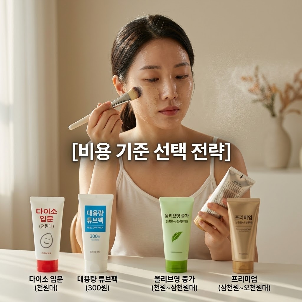 다이소(초저가), 올리브영(중가), 프리미엄 라인의 필오프팩 3종이 각 구역에 나뉘어 정돈되어 있다. 두 개의 사람 손 중 한 손은 초저가 팩 쪽에 '데일리'라고 적힌 작은 메모 카드를 놓고 있고, 다른 한 손은 프리미엄 팩 쪽에 '스페셜 케어' 메모 카드를 짚고 있다. 배경 한편에는 계량컵 없는 깔끔한 유리 믹싱 볼이 은은한 조명을 받고 있다.