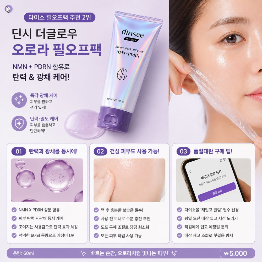 다이소 필오프팩 추천 딘시 더글로우 오로라 NMN PDRN 필오프팩의 광채와 탄력 케어 특징을 소개한 이미지