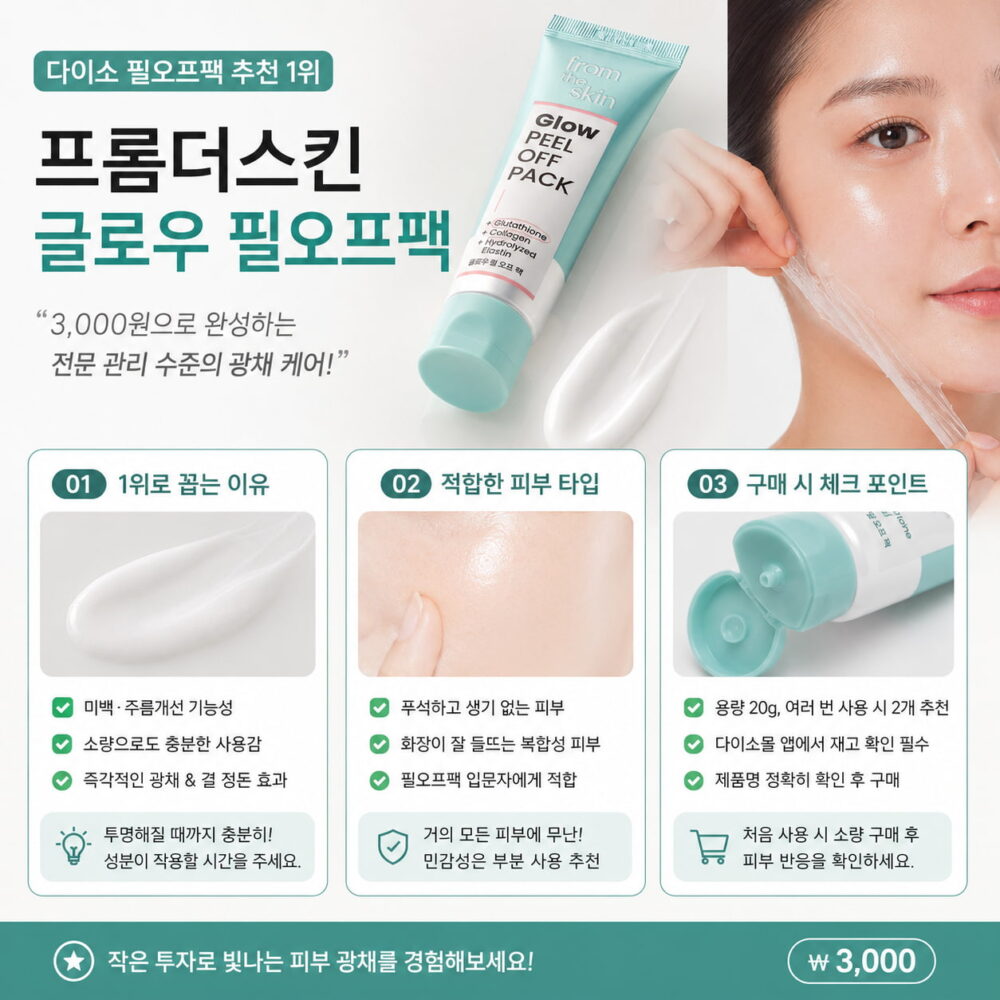 다이소 필오프팩 추천 1위 프롬더스킨 글로우 필오프팩의 제품과 필오프 사용 모습을 소개한 이미지