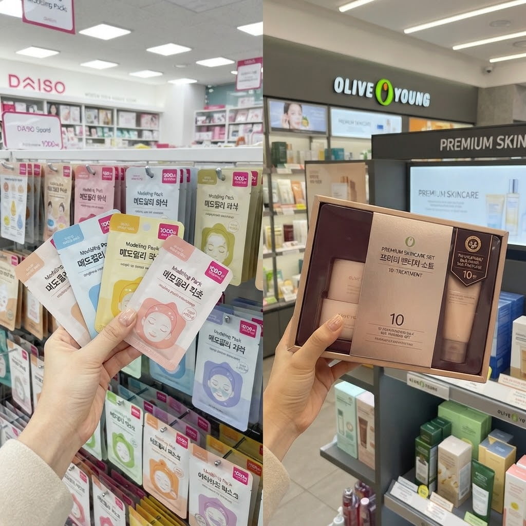 다이소 매대에서 1회용 소포장 모델링팩을 고르는 손(왼쪽)과 올리브영에서 대용량 모델링팩 기획 세트를 집어 드는 손(오른쪽)의 비교 장면.