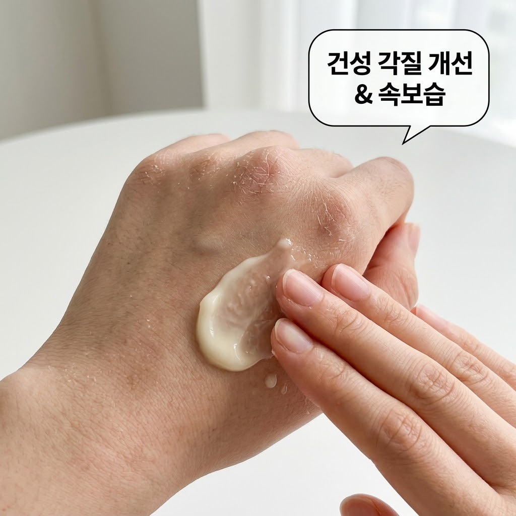 하얗게 일어나는 각질을 잠재우고 오후 속당김을 막아주는 히알루론산, 세라마이드 성분의 촉촉한 에센스 제형 선크림