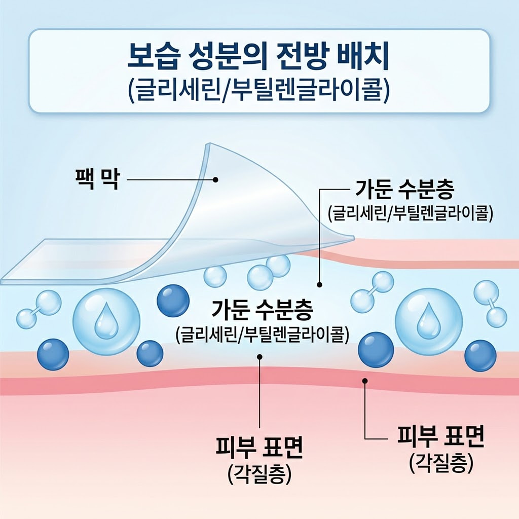 건성 피부용 필오프팩의 전성분 상단에 위치한 글리세린과 부틸렌글라이콜 분자가 피부 표면 각질층에 수분을 가두어 수분층을 형성하는 전문적인 화장품 인포그래픽 장면