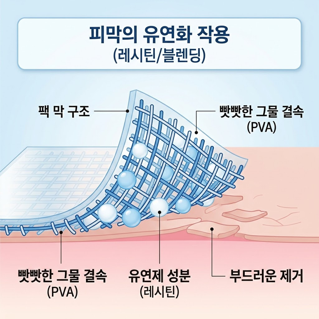 필오프팩 막의 단단한 피막 구조 사이에 레시틴 등 유연제 성분이 블렌딩되어 막이 더 부드럽고 유연하게 변하는 작용을 보여주는 화장품 인포그래픽