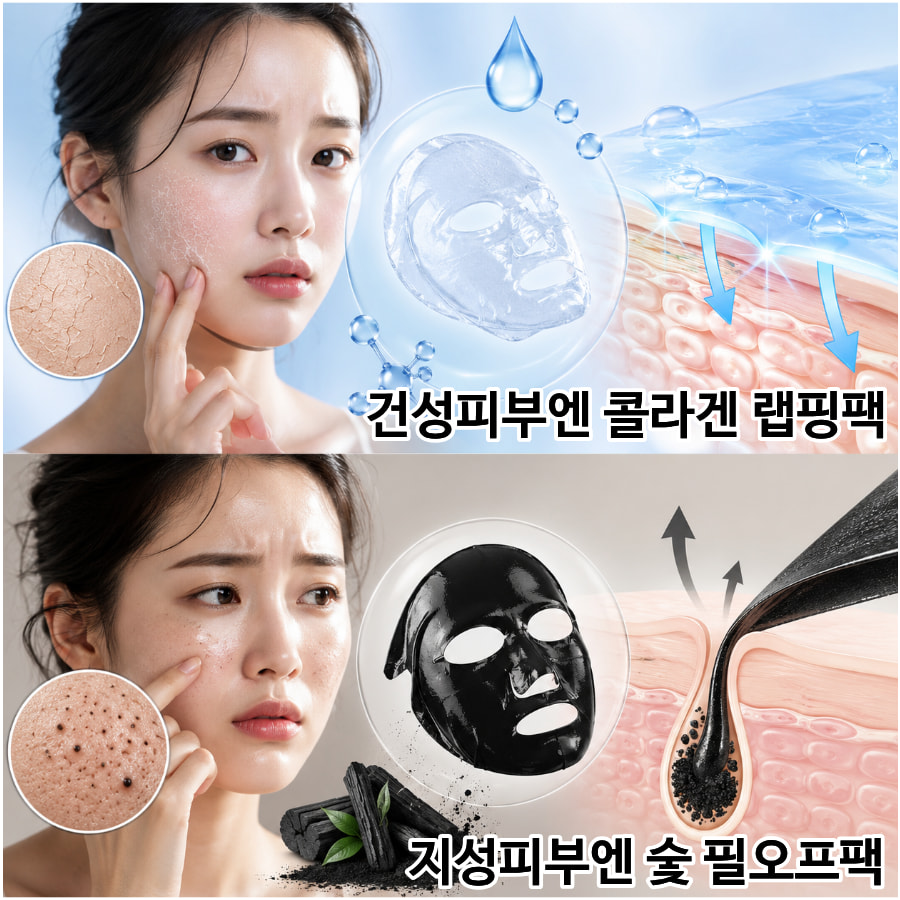 건성 피부에는 콜라겐 랩핑팩, 지성 피부에는 숯 필오프팩을 추천하는 비교 이미지. 상단은 수분과 보습을 강조한 건성 피부, 하단은 피지와 모공 관리를 강조한 지성 피부를 시각적으로 표현했다.