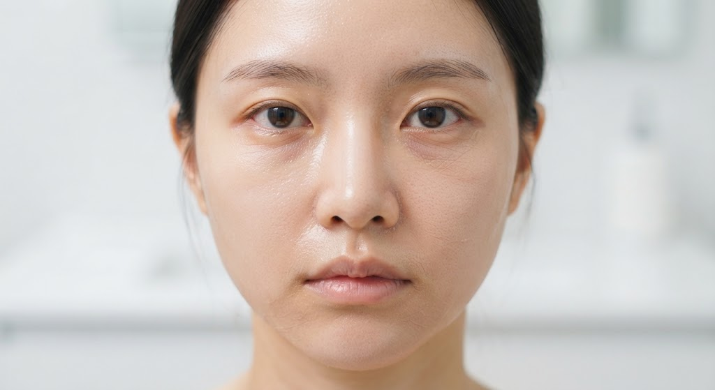 랩핑 마스크팩 제거 후 겉은 촉촉해 보이지만 눈가와 입가에 건조함과 당김이 남은 건성 피부 모습