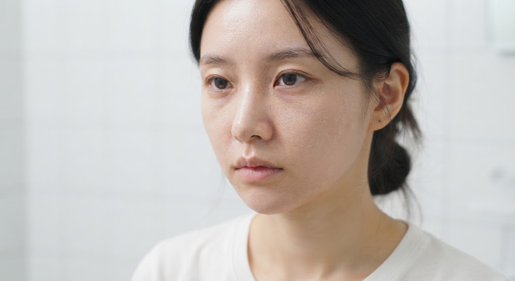 랩핑 마스크팩 사용 후 붉어짐과 각질 들뜸이 생긴 건성 피부가 최소한의 순한 보습 제품으로 휴식하는 모습