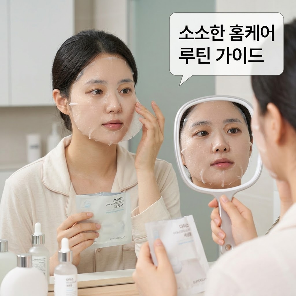 편안한 조명이 켜진 화장대. 두 개의 사람 손 중 한 손은 다이소 앰플을 얼굴 볼 쪽에 부드럽게 펴 바르고 있고, 다른 한 손은 턱을 가볍게 받치며 여유로운 홈케어 시간을 즐기고 있다. 그 옆에는 마스크팩 패키지와 함께 계량컵 없는 매끄러운 스테인리스 믹싱 볼이 단정하게 놓여 있다.