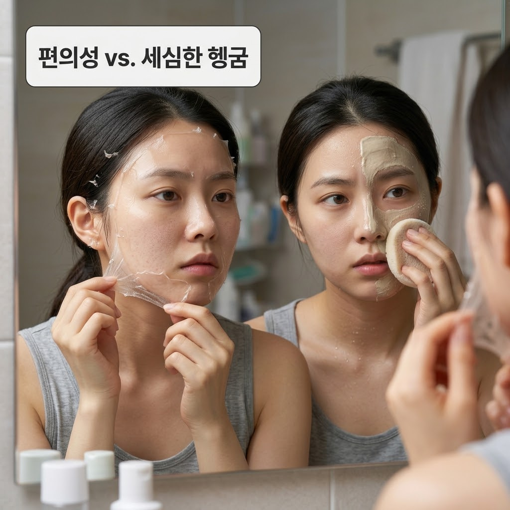 물기가 촉촉하게 맺힌 욕실 환경. 차가운 스테인리스 소재의 '계량컵 없는 믹싱 볼'에 세안용 맑은 미온수가 넉넉히 담겨 대기 중이며, "두 개의 사람 손"이 믹싱 볼에서 미온수를 듬뿍 떠서, 굳지 않아 부드러운 상태를 유지한 워시오프팩을 피부 자극 없이 살살 문지르며 꼼꼼하게 헹궈내는 편안하고 안전한 세안 액션.