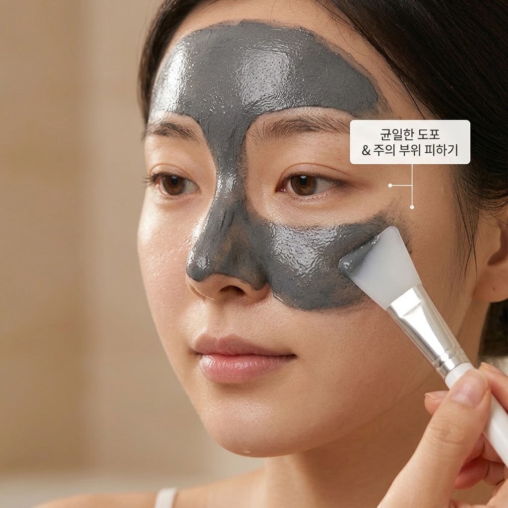 깔끔한 세면대 위, 스테인리스 소재의 '계량컵 없는 믹싱 볼'에 덜어둔 까만 필오프팩 제형이 준비되어 있고, "두 개의 사람 손"이 스패출러를 이용해 눈가와 눈썹 등 털이 있는 부위는 철저히 피하면서, 코와 T존 부위에만 피부색이 비치지 않을 정도의 도톰하고 일정한 두께로 팩을 균일하게 펴 바르는 집중 도포 액션.