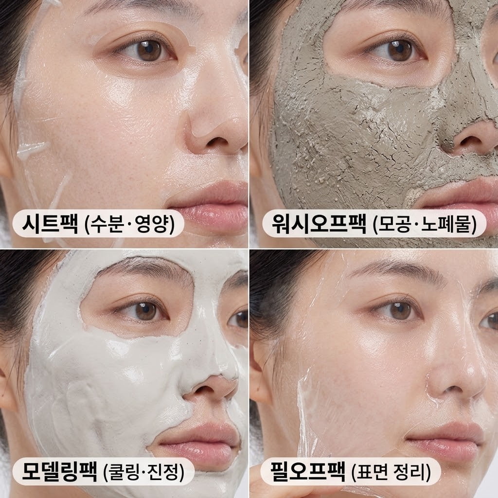 피부 위에 얇게 밀착된 시트팩 에센스, 꾸덕하게 발려진 워시오프팩, 두껍게 덮여 고무처럼 굳은 모델링팩, 얇은 투명 필름처럼 발라져 벗겨내는 필오프팩의 4가지 제형이 피부에 도포된 발림성 비교 샷
