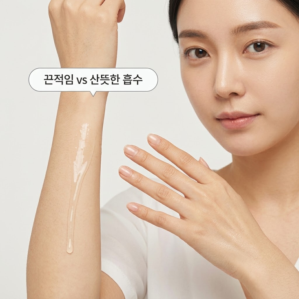 억지 끈적임을 유발하는 가짜 점도 에센스가 아닌, 모공 막힘 없이 피부 속으로 사르르 산뜻하게 스며드는 진짜 저분자 콜라겐 에센스의 가벼운 제형