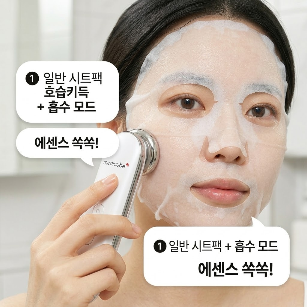 에센스가 듬뿍 묻은 일반 콜라겐 시트팩 위로 뷰티 디바이스의 갈바닉 흡수 모드를 부드럽게 롤링하여 유효 성분을 밀어 넣는 모습