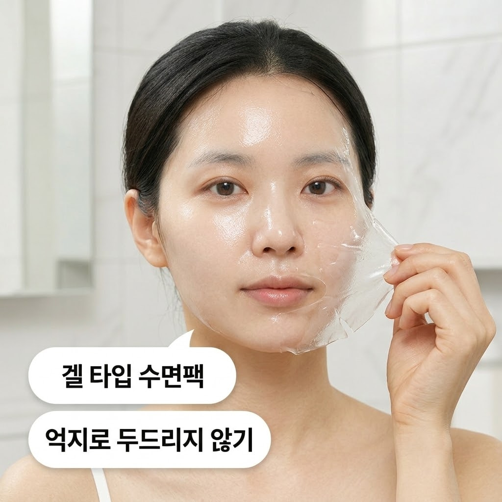 겔 타입 수면팩을 떼어낸 직후 억지로 두드릴 필요 없이 피부 결 사이사이로 유효성분이 흡수되어 고급스러운 윤광이 흐르는 피부 상태