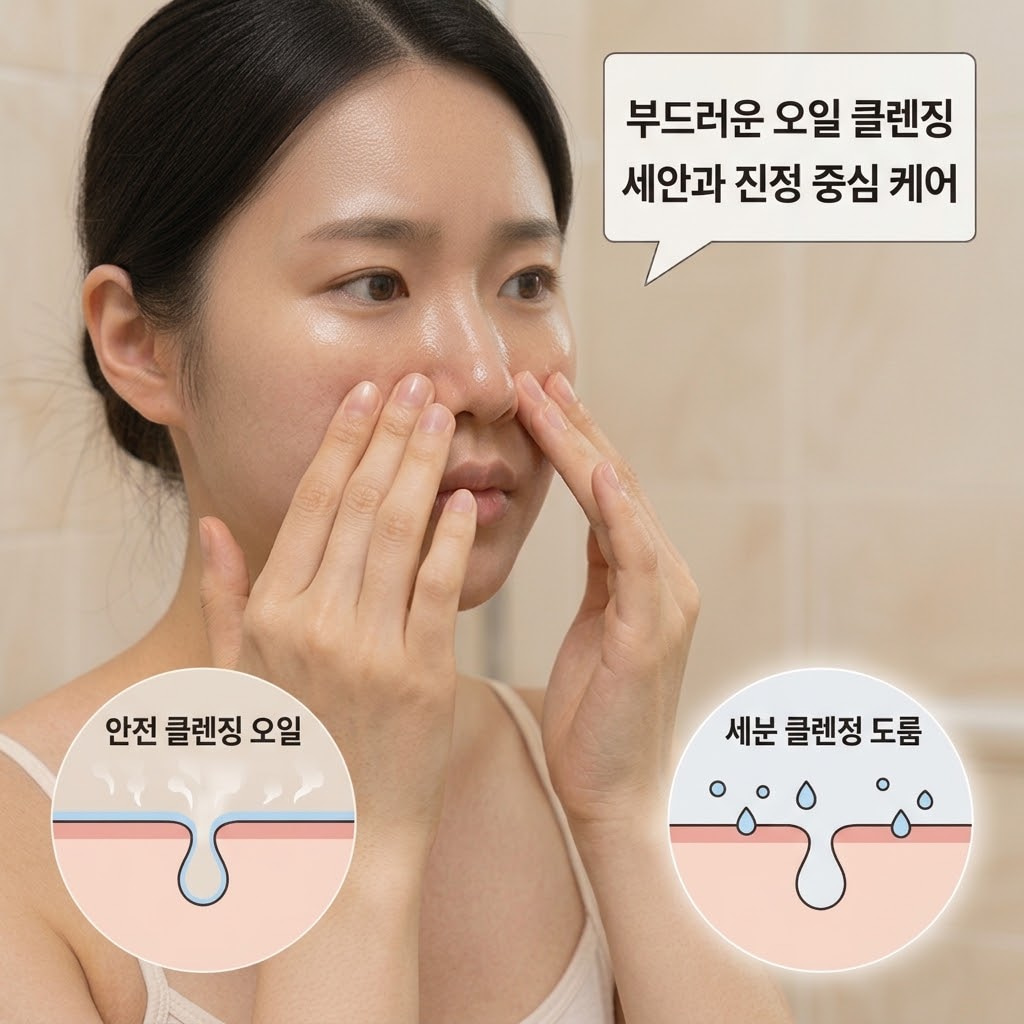 따뜻한 자연광이 드는 세면대 위. 맑은 투명 유리 소재의 '계량컵 없는 믹싱 볼'에 부드러운 클렌징 오일이 소량 준비되어 있고, "두 개의 사람 손"이 믹싱 볼에서 오일을 묻혀 가장 힘이 덜 들어가는 약지 손가락으로 코 주변의 굳은 피지를 자극 없이 가볍고 둥글게 롤링하며 마사지하는 안전한 우회 관리 액션.