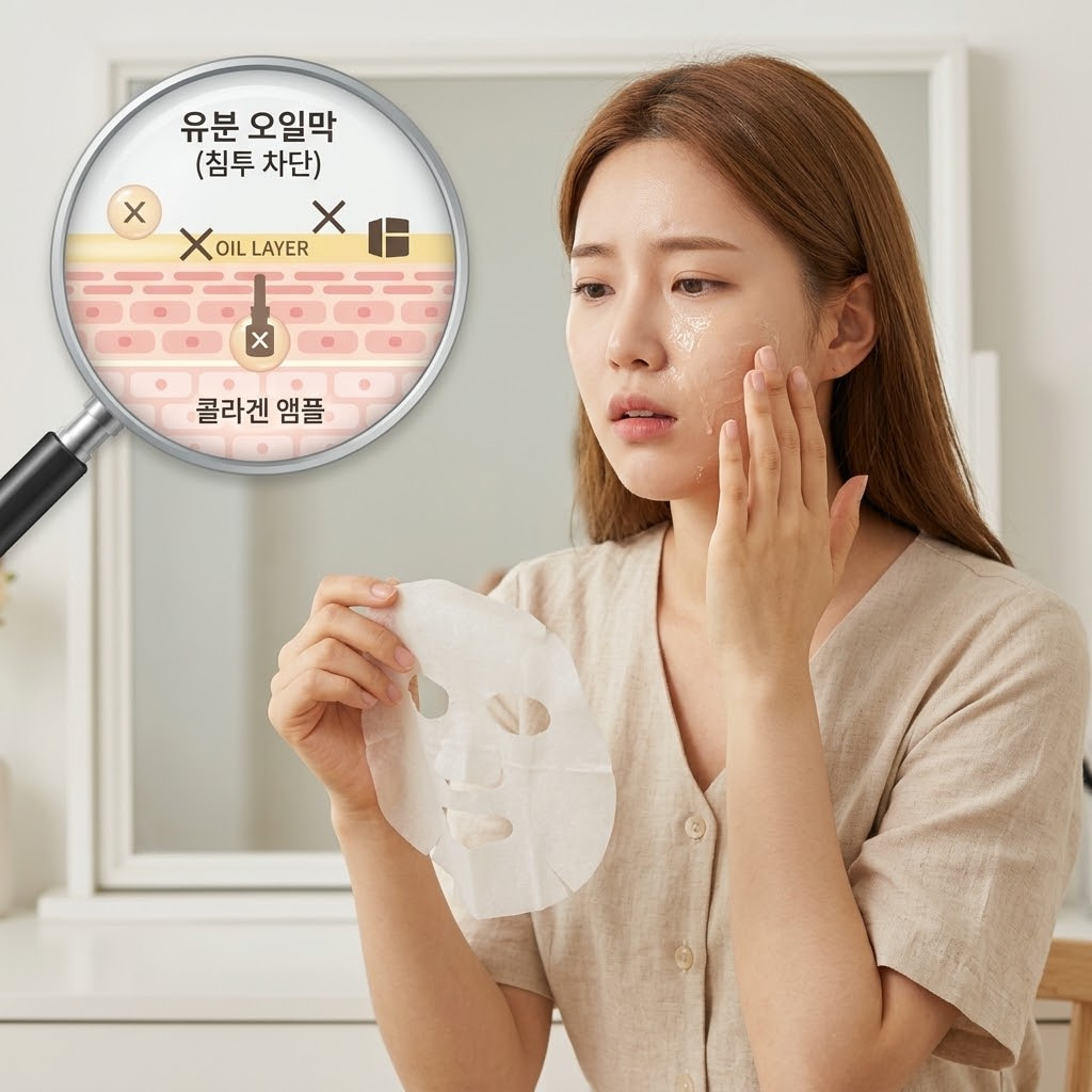 팩 부착 전 무거운 오일 크림을 먼저 발라 형성된 두꺼운 유분막이 초저분자 콜라겐의 피부 침투를 원천 차단하여 에센스가 겉도는 모습