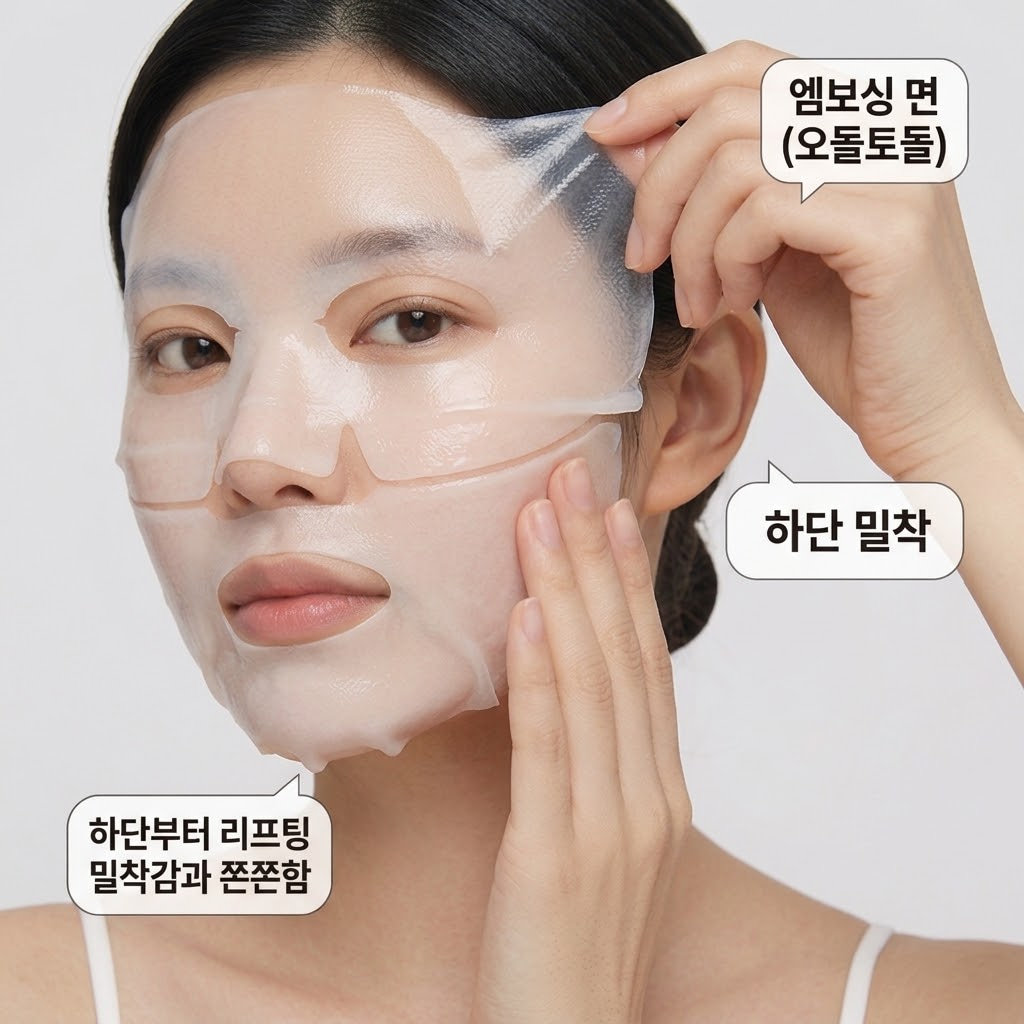 밀착력을 높이는 콜라겐 팩 엠보싱 면 확인 및 턱 라인부터 위로 끌어올려 부착하는 리프팅 방법