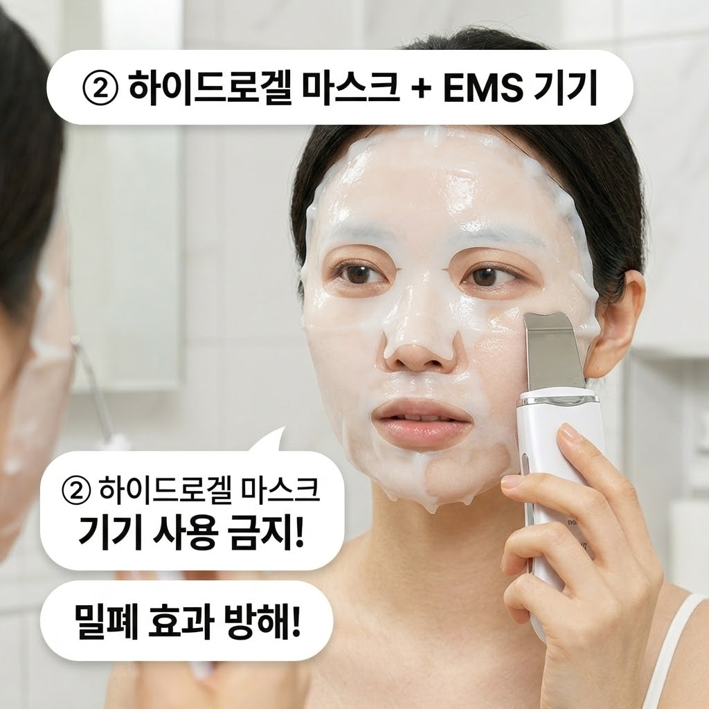 하이드로겔 콜라겐 팩 위에 EMS 미세전류 기기를 직접 문지를 때 시트가 밀리고 전류가 차단되어 밀폐 효과가 떨어지는 현상을 경고하는 인포그래픽