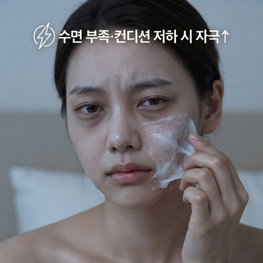 수면 부족과 피로로 컨디션이 저하되어 필오프팩 사용 시 화끈거림을 느끼는 모델.