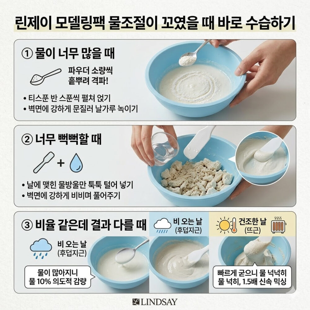 린제이 모델링팩 사용법 중 물 조절 실패 시 파우더나 물방울을 추가해 제형 점도를 수습하는 실사 가이드 이미지