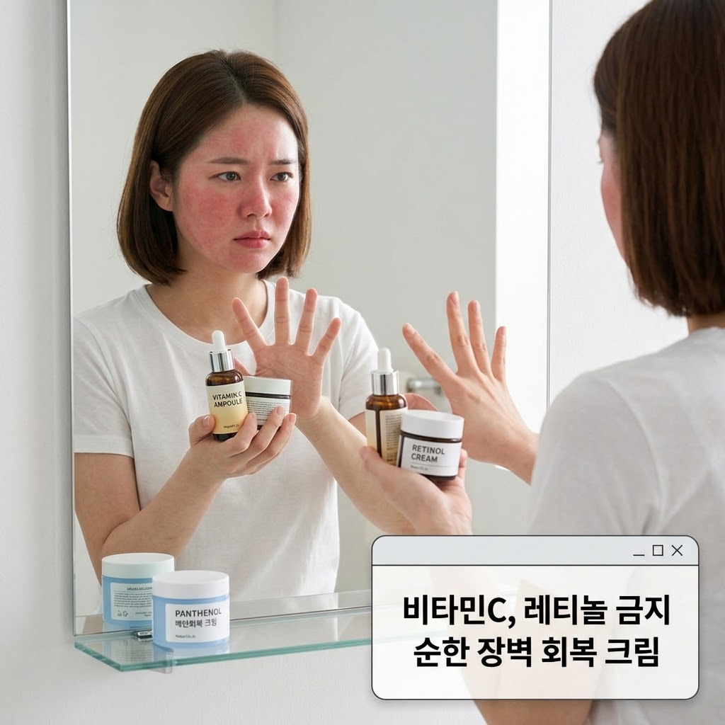 자극받아 붉어진 피부 장벽 위에 순수 비타민C 앰플이나 레티놀 크림을 발라 각질 턴오버를 유발하여 피부 장벽이 녹아내리는 부작용 피부 상태
