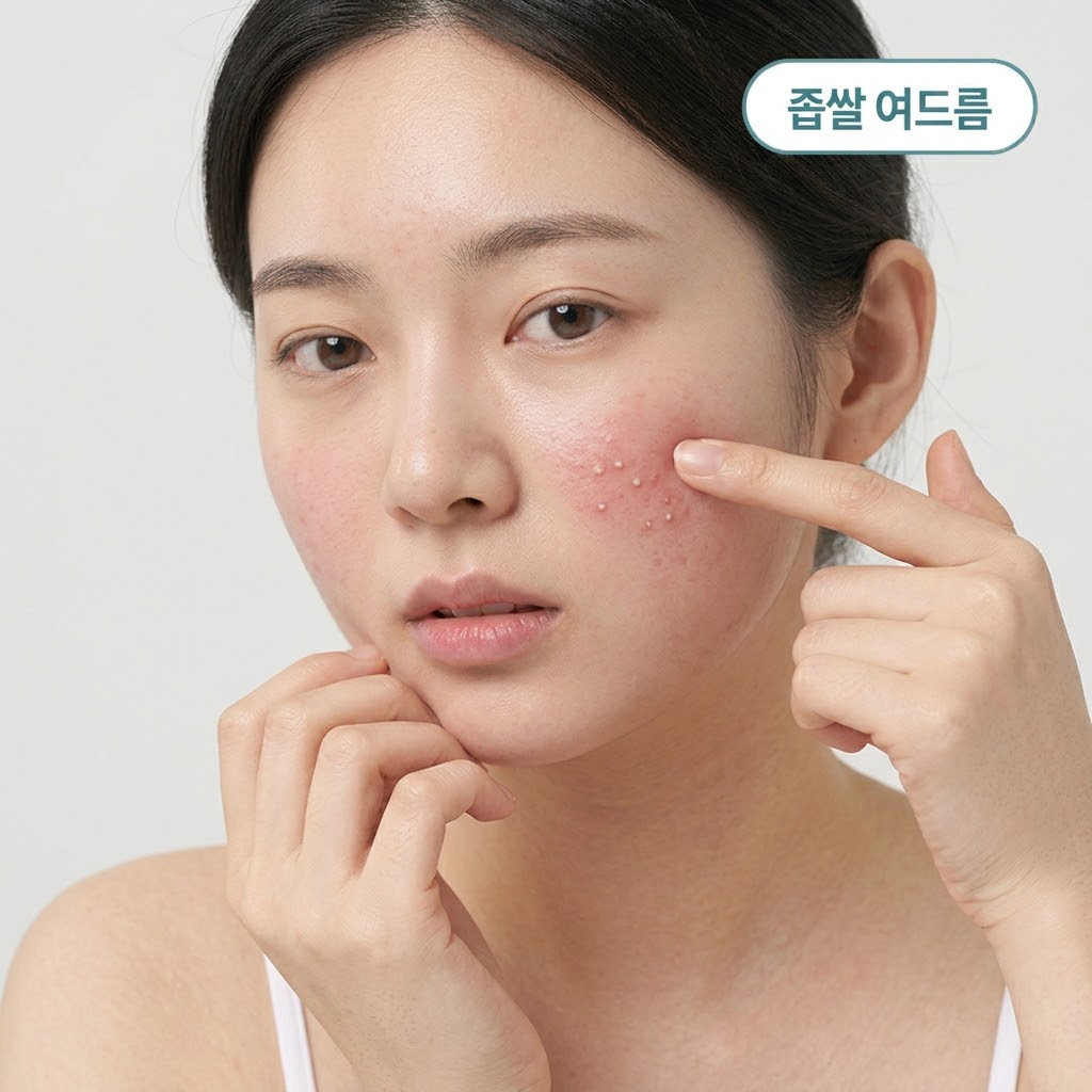 모델링팩 사용 직후 심한 가려움과 함께 오돌토돌한 좁쌀 여드름이 올라온 모습. 여성이 볼 주변 트러블을 만지며 걱정하고 있다.