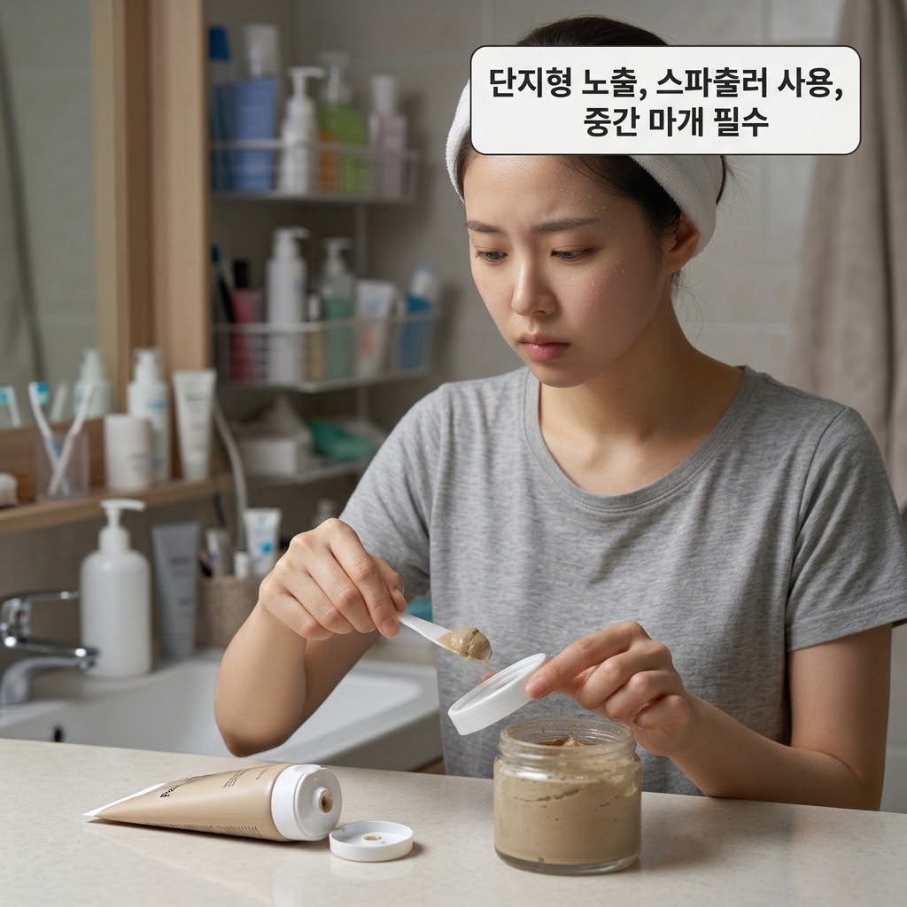 차분한 조명의 스킨케어 테이블 위. 차가운 스테인리스 소재의 '계량컵 없는 믹싱 볼'이 덜어낸 팩을 받기 위해 대기 중이며, "두 개의 사람 손" 중 한 손은 스패출러로 단지형 필오프팩 내용물을 빠르게 떠내고, 다른 한 손은 공기 노출을 막기 위해 중간 마개를 즉시 덮을 준비를 하는 기민한 밀봉 액션.