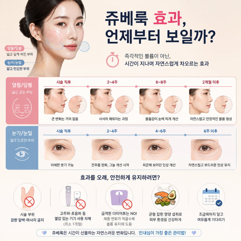 쥬베룩 시술 후 볼꺼짐 개선 효과가 나타나는 시기를 설명하는 인포그래픽. 옆볼과 앞볼은 6~8주부터 자연스럽게 볼륨이 차오르고, 눈가는 4~6주부터 잔주름과 그늘 개선이 시작되는 과정을 타임라인으로 보여주며, 시술 후 열 자극·마사지 금지와 무리한 다이어트 자제 등 관리 방법을 함께 안내한다.