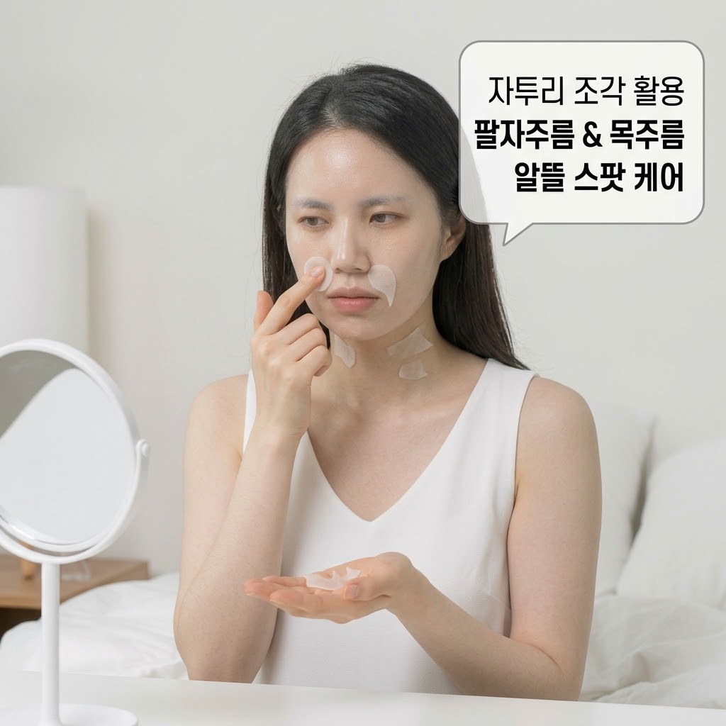 눈과 입 모양으로 커팅되어 남은 겔 마스크팩 자투리 조각을 깊은 팔자주름과 목주름 부위에 덧붙여 스팟 케어용으로 활용하는 모습