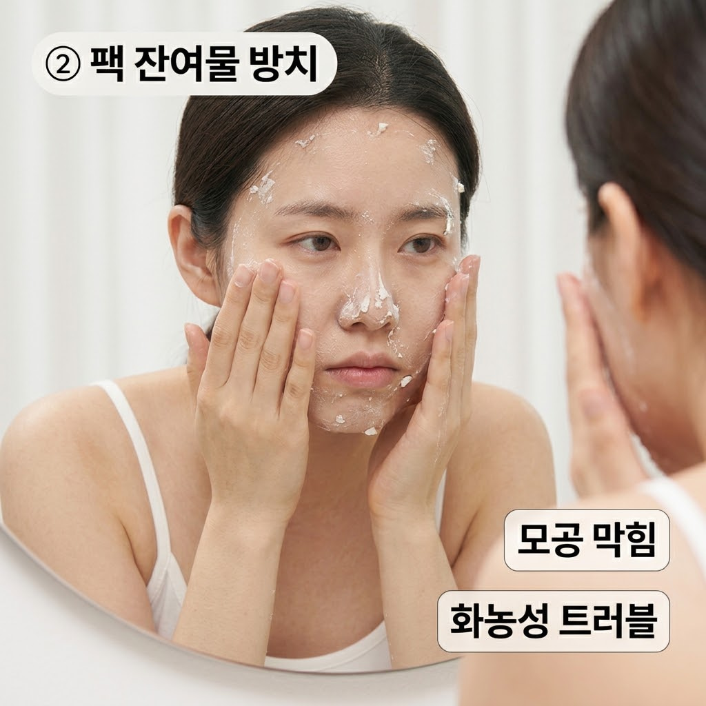 모델링 팩을 떼어낸 후 헤어라인과 코 옆, 턱 끝에 남은 굳은 팩 찌꺼기를 물로 대충 씻어내는 모습