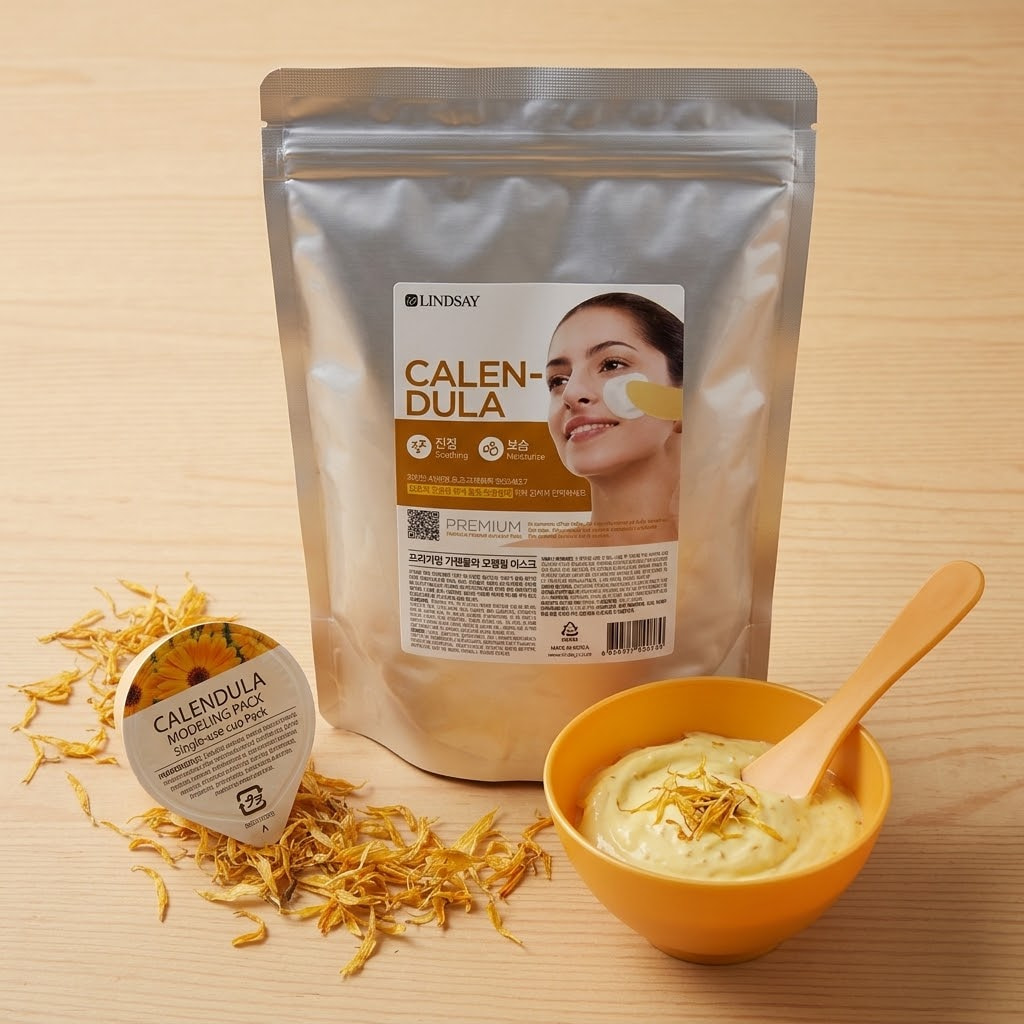 린제이 카렌듈라 모델링팩의 1kg 지퍼백과 일회용 컵팩, 전용 도구, 노란색 제형을 비교한 모습