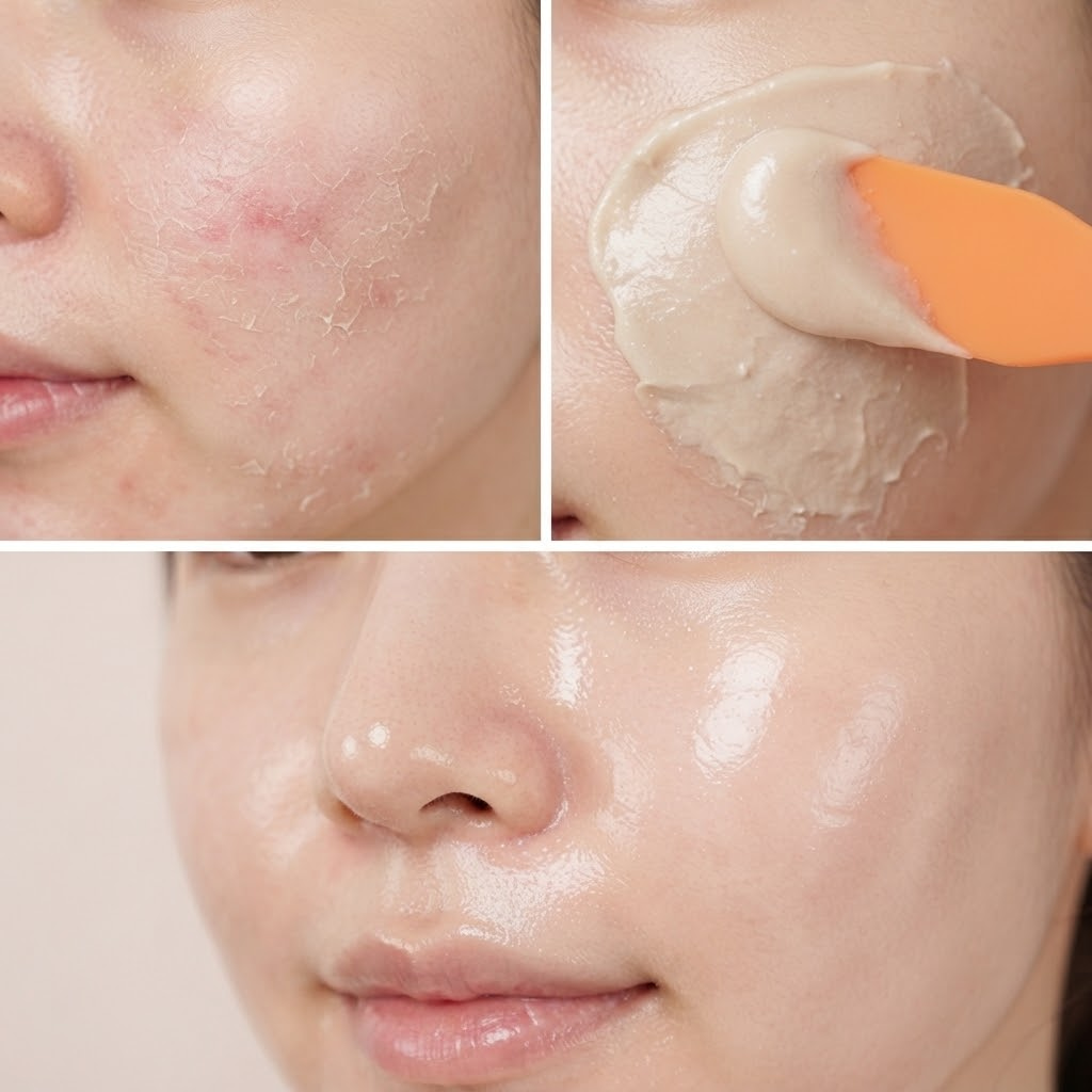 린제이 콜라겐 모델링팩 사용 후 촉촉한 피부 상태를 확인하는 모습
