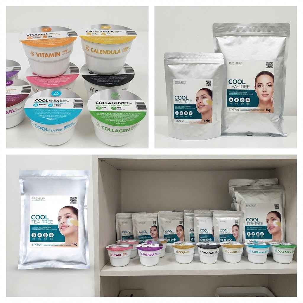 린제이 모델링팩 일회용 컵팩과 330g, 1kg 지퍼백의 용량별 라인업을 비교한 모습